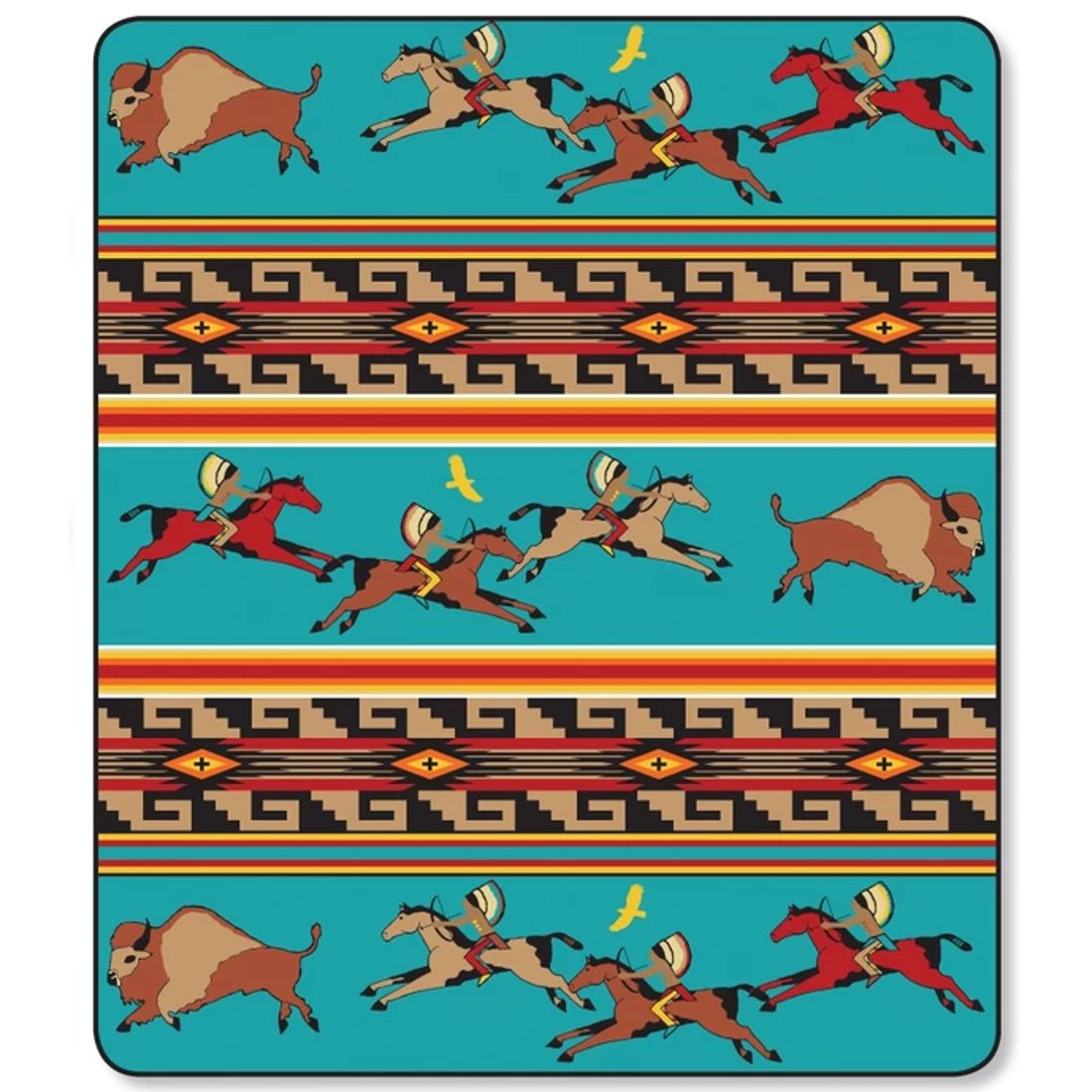 Luxus-Fleece Western- & Indianer-Decke - Rancho El Cid - Buffalo Hunt, Türkis, 240 x 200 cm