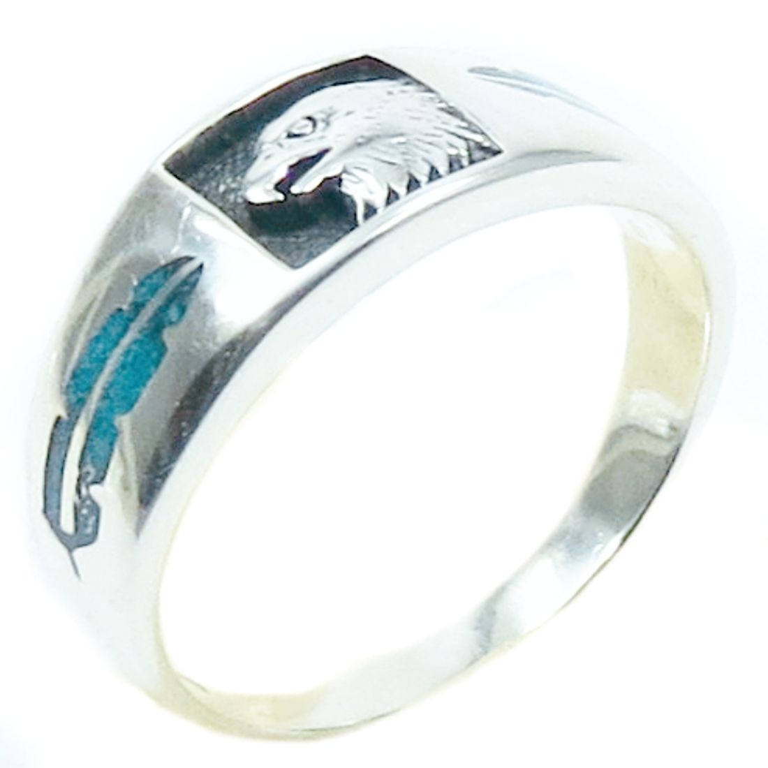 Indianerschmuck Ring aus Sterling Silber - Eagle And Feathers, Türkis