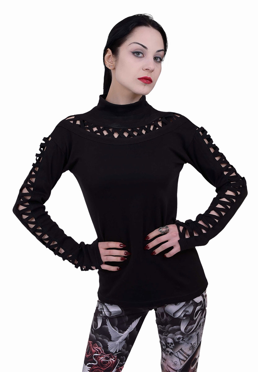 Reduziert - Spiral Stehkragen Top mit geschlitzten Ärmeln - Gothic Elegance, Größe S