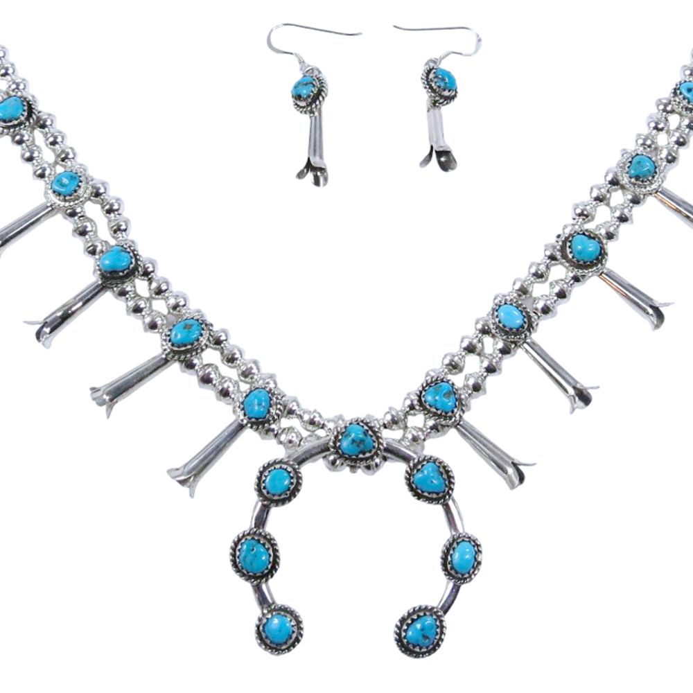 Squash Blossom Set: Kette und Ohrhänger aus Sterling Silber - Premium Turquoise Blossom 